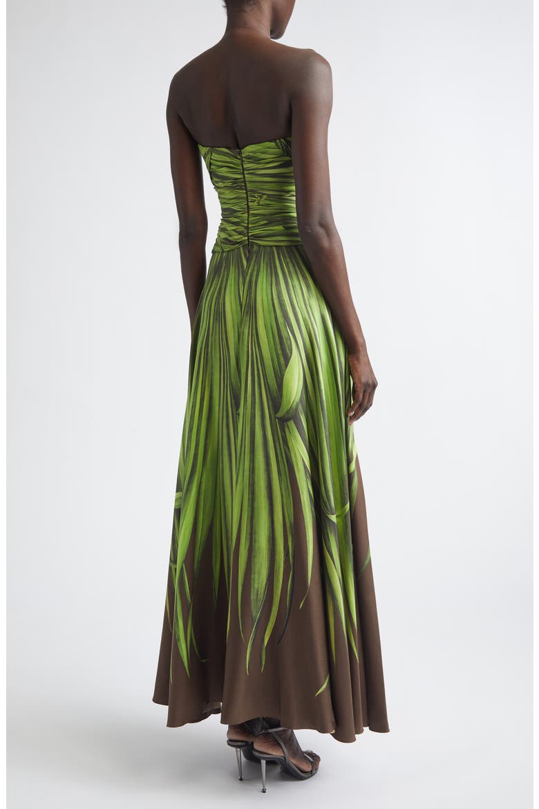 Palm Leaves Print Strapless Cutout Silk Gown, Alternate, color, GREEN/ BROWN