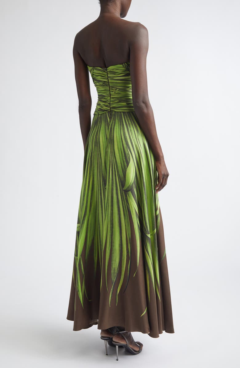 Oscar de la Renta Palm Leaves Print Strapless Cutout Silk Gown, Alternate, color, Green/ Brown