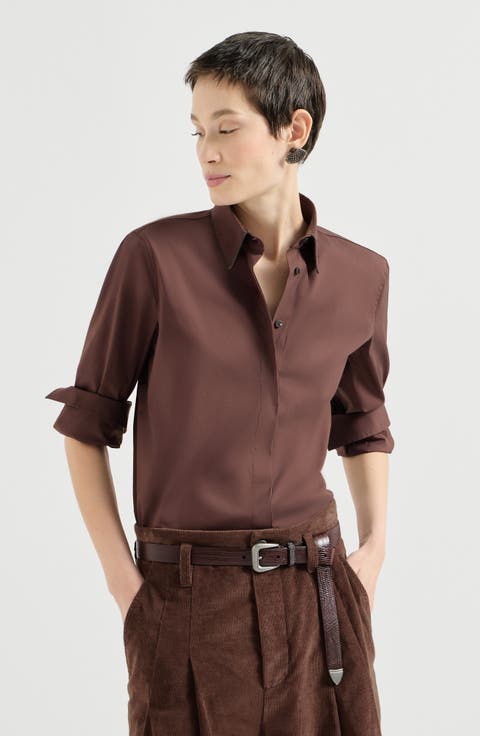 Stretch cotton poplin shirt with shiny collar