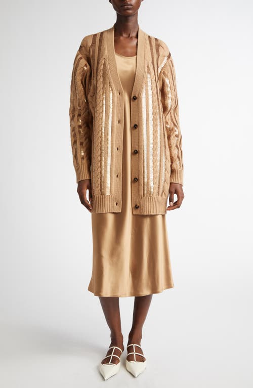 Shop Max Mara Sequin Cable Stitch Wool & Cashmere Cardigan In Camel