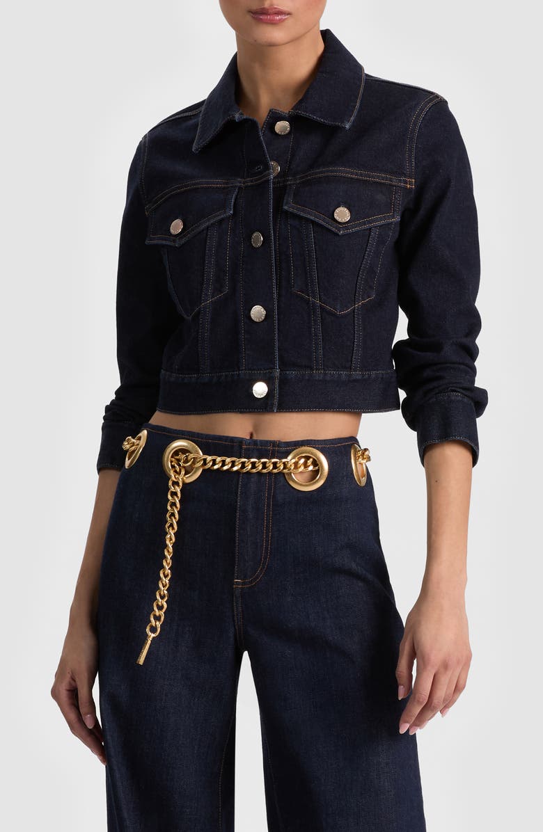 Alice + Olivia Chloe Boxy Crop Denim Jacket, Main, color, Dark Rinse