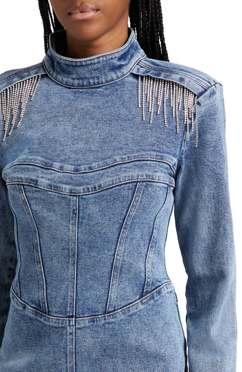 GESTUZ Crystal Fringe Long Sleeve Denim Minidress, Alternate, color, 