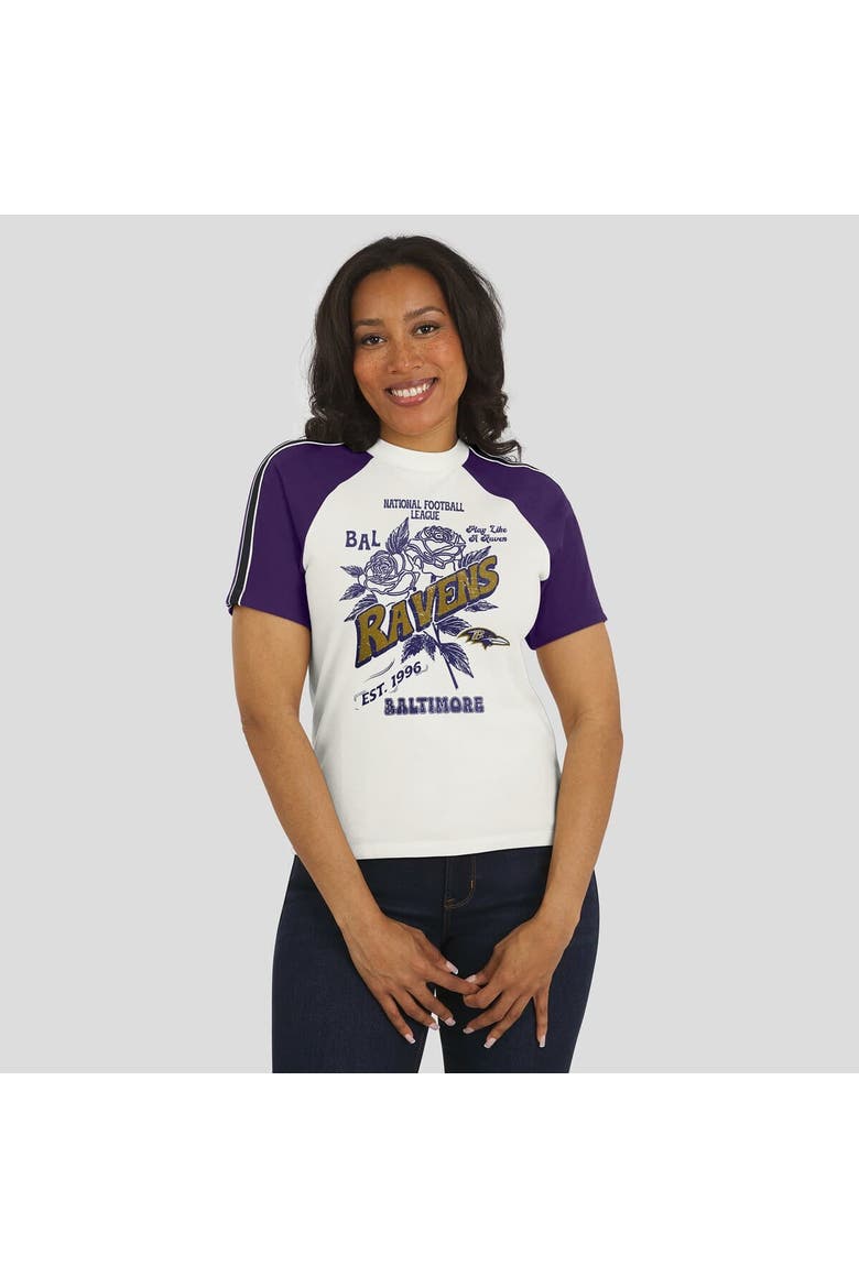 Women's WEAR by Erin Andrews White Baltimore Ravens Sleeve Stripe Distressed Raglan T-Shirt, Alternate, color, White
