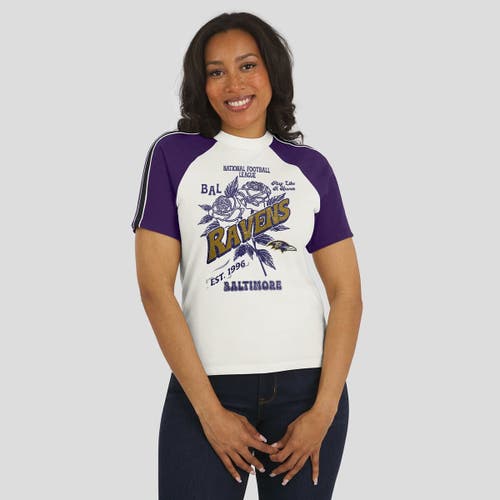 Wear By Erin Andrews White Baltimore Ravens Sleeve Stripe Distressed Raglan T-shirt In White