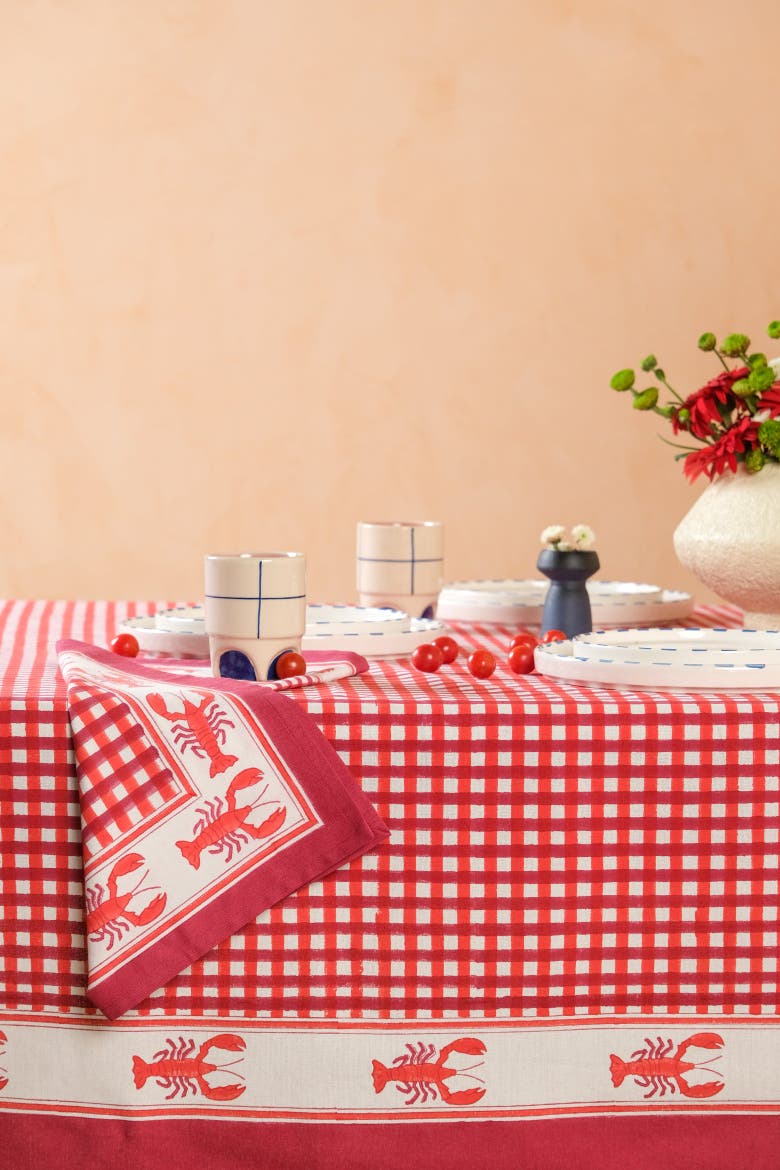 Lobster Red Gingham Blockprint Napkins - Set of 4, Alternate, color, Red