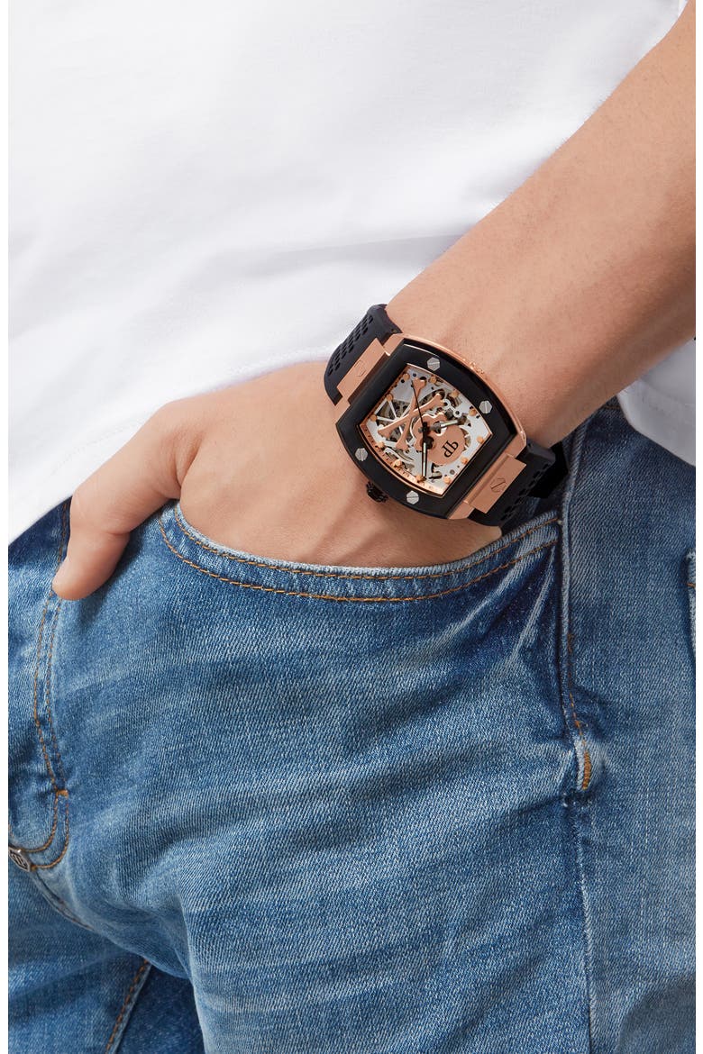 The $keleton Silicone Strap Watch, 44mm, Alternate, color, ROSE GOLD/ BLACK