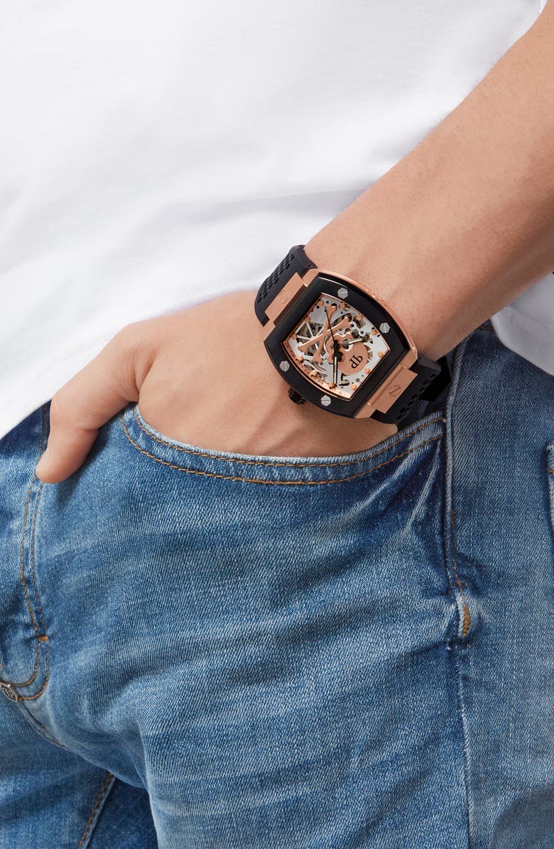 PHILIPP PLEIN The $keleton Silicone Strap Watch, 44mm, Alternate, color, Rose Gold/ Black