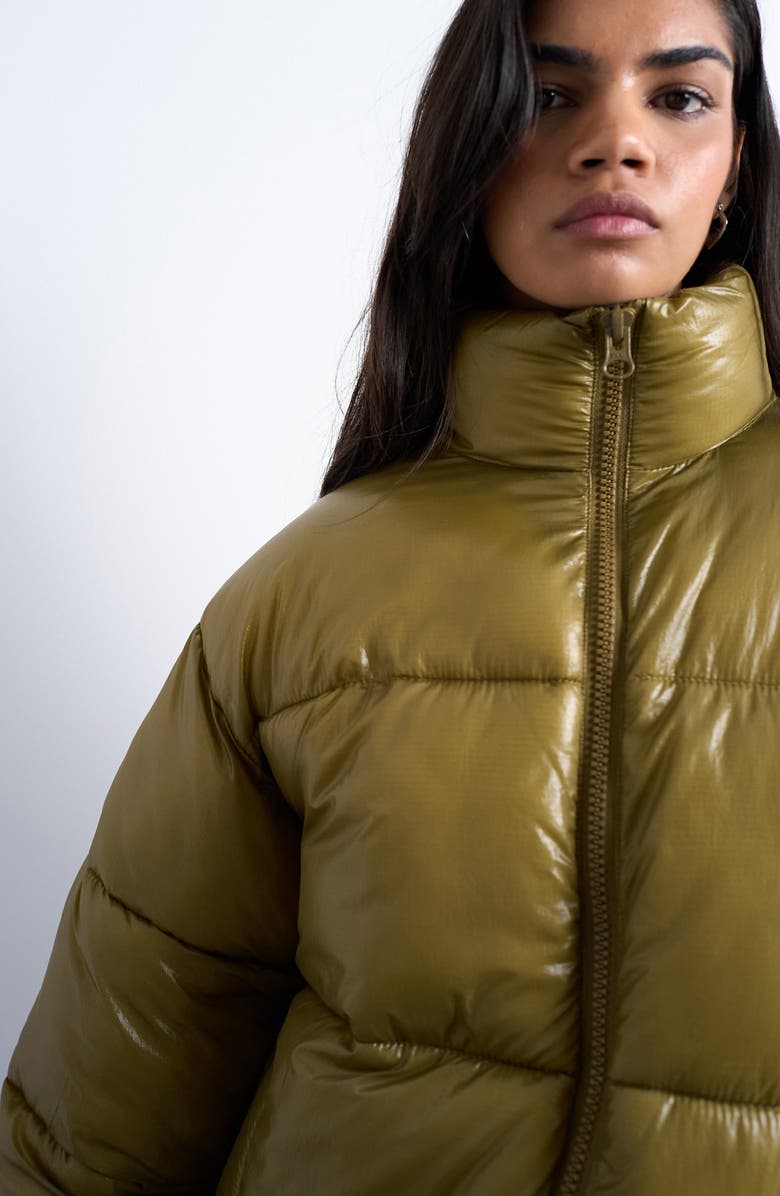 Topshop High Shine Puffer Coat, Alternate, color, Khaki