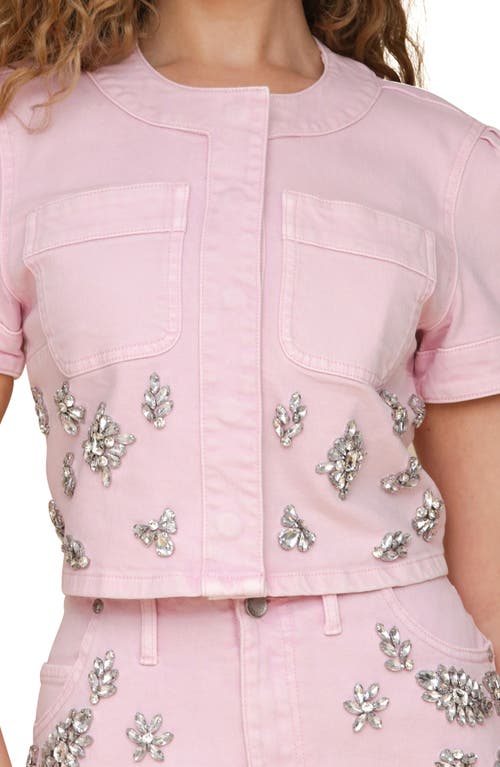 Avec Les Filles Rhinestone Embellished Short Sleeve Denim Shirt In Ballerina