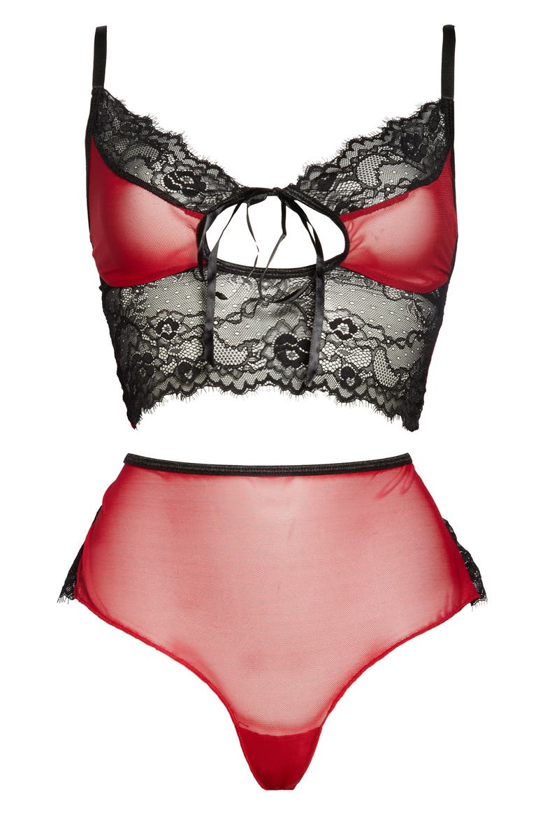 Lace & Mesh Longline Bralette & Boyshorts Set, Alternate, color, RED
