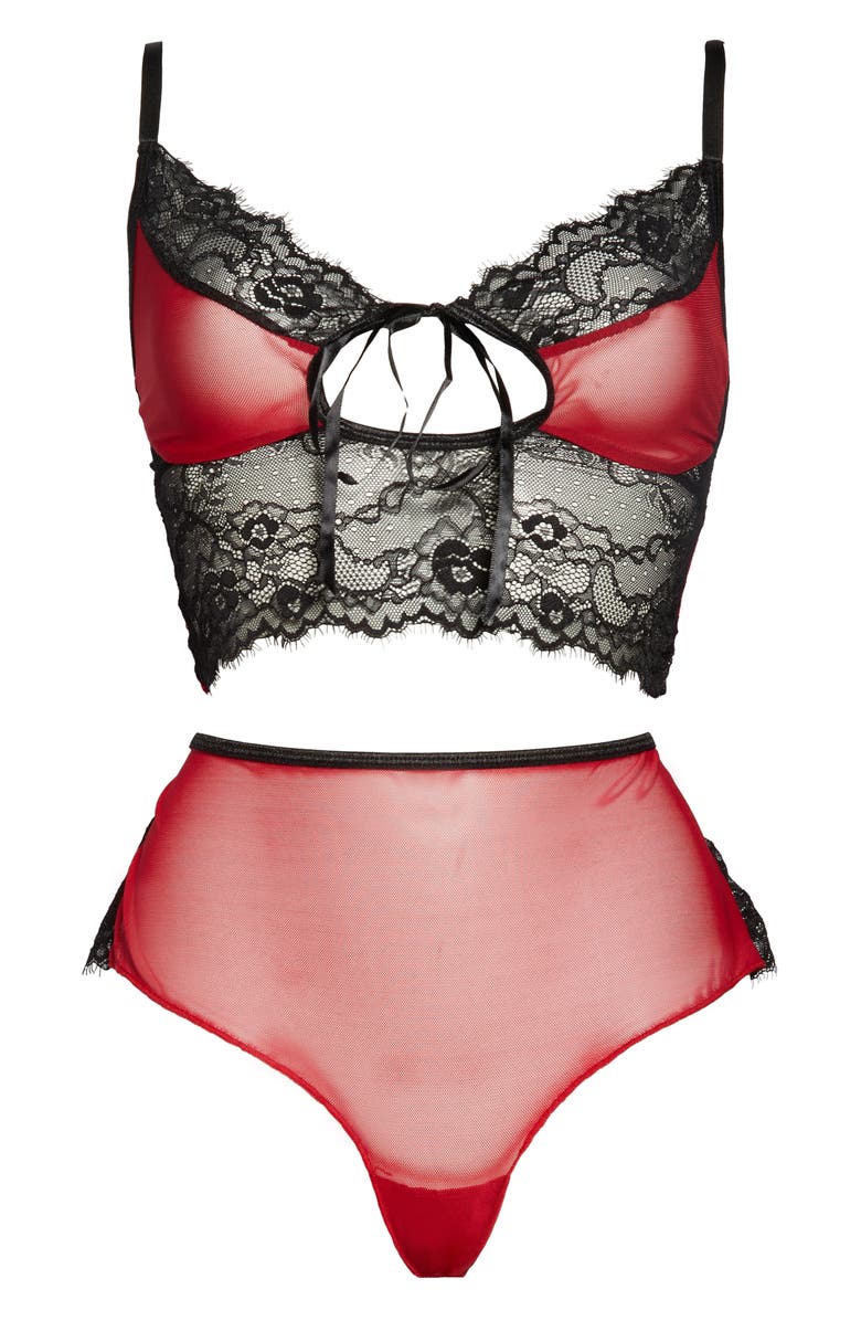 Coquette Lace & Mesh Longline Bralette & Boyshorts Set, Alternate, color, Red