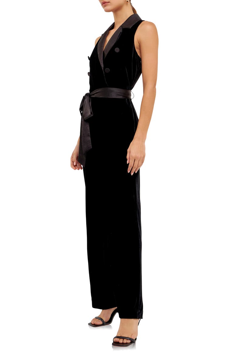 Satin Trim Velvet Jumpsuit, Alternate, color, BLACK