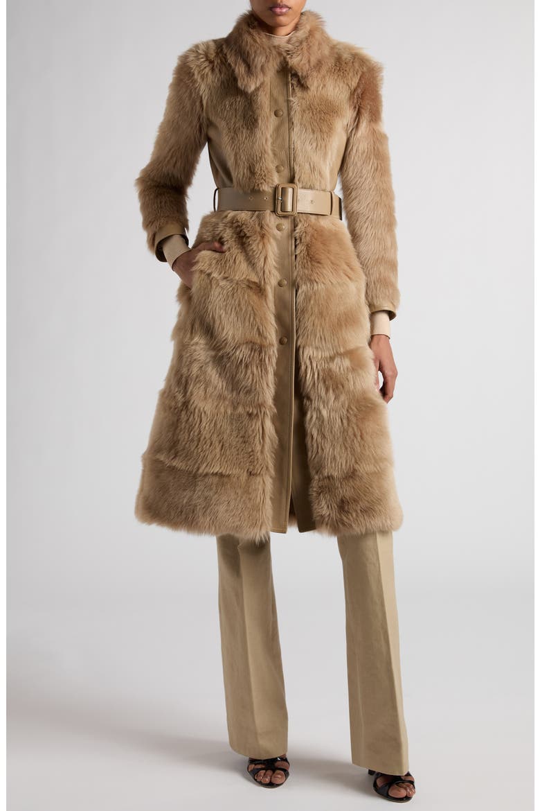 Soft Shearling & Leather Belted Coat, Alternate, color, JB020 HONEY BEIGE