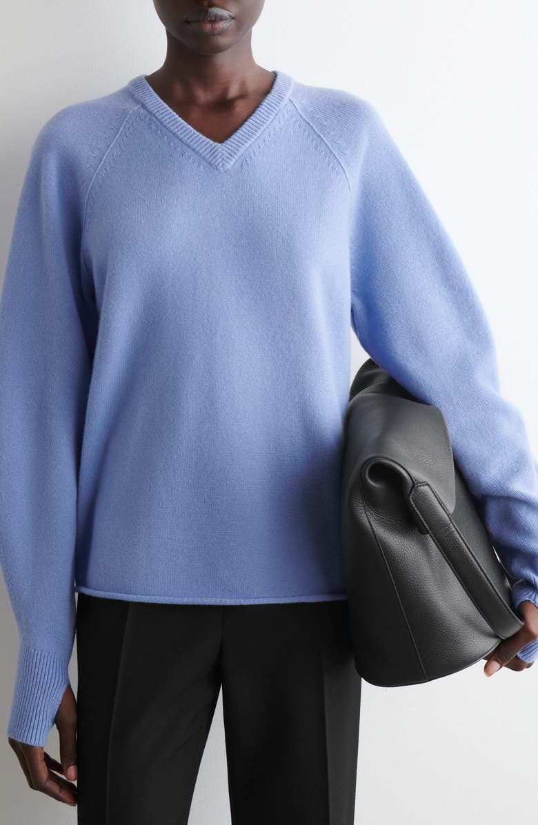 COS Merino Wool V-Neck Sweater, Main, color, Blue Medium