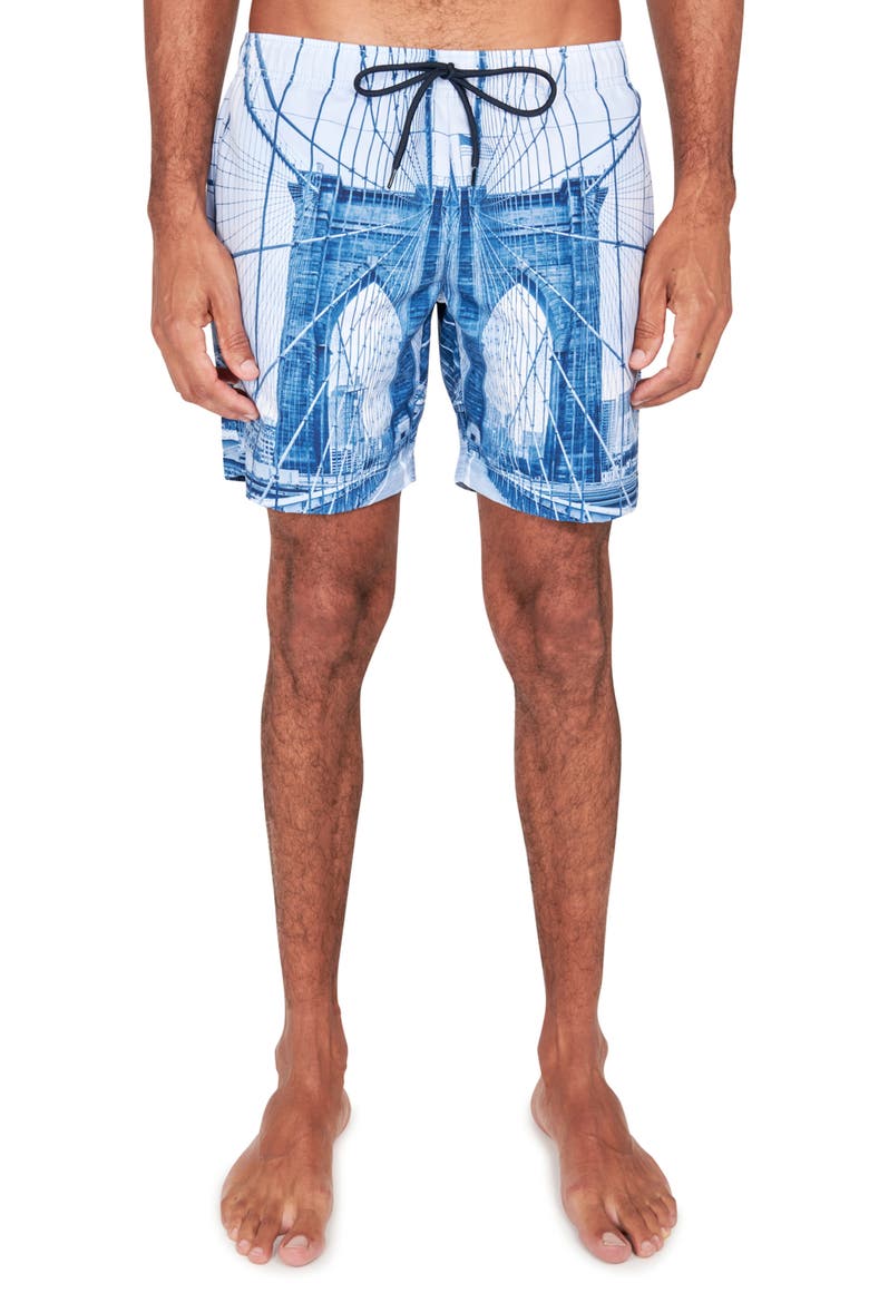 Slim Fit Brooklyn Bridge Swim Trunks, Main, color, BLUE