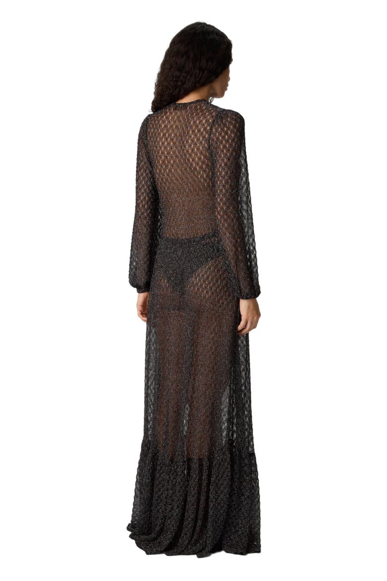 Long Cover-up Dress In Lamé Viscose With Spiderweb Motif And Flounces, Alternate, color, Brown
