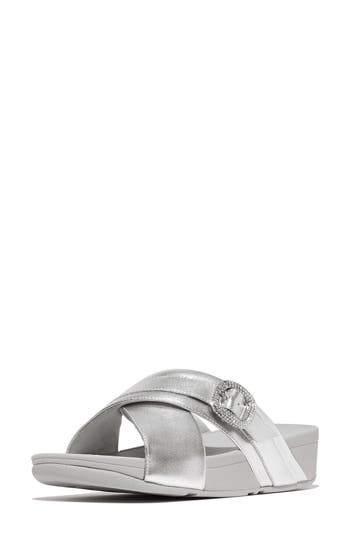Fitflop Lulu Crystal Buckle Metallic Leather Slide Sandal In Silver
