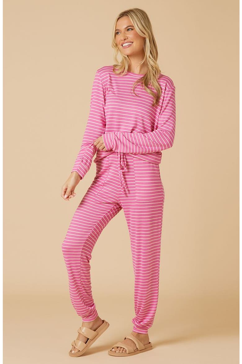 Dream Jersey Long Sleeve Crew Neck Lounge Set with Jogger Pant, Alternate, color, Fuchsia Stripe