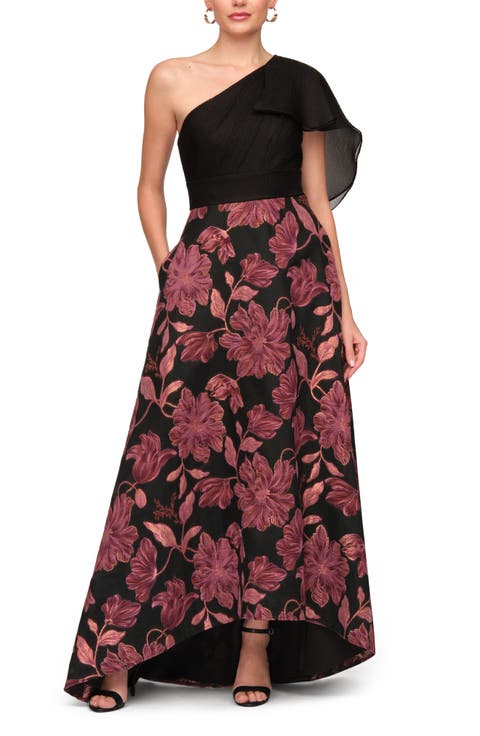 Winifred One-Shoulder Metallic Floral Jacquard Mixed Media Organza Gown