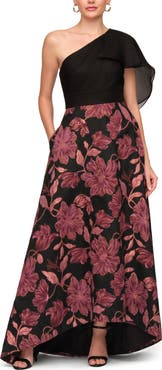 JS Collections Winifred One-Shoulder Metallic Floral Jacquard Mixed Media Organza Gown