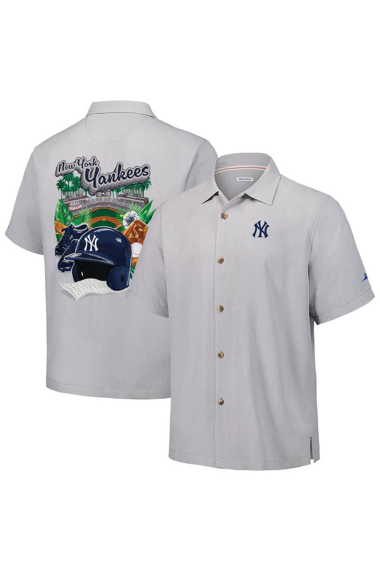 Men's Tommy Bahama Gray New York Yankees Hit and Run Silk Camp Button-Up Shirt, Main, color, Gray