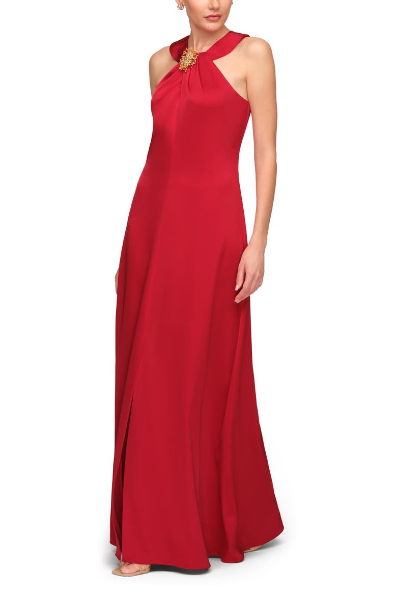 Maci Brooch Detail Satin Gown, Alternate, color, CRIMSON