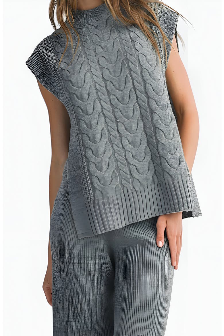 Cable Knit Cap Sleeve Sweater Vest and Wide Leg Pants Set, Alternate, color, Grey