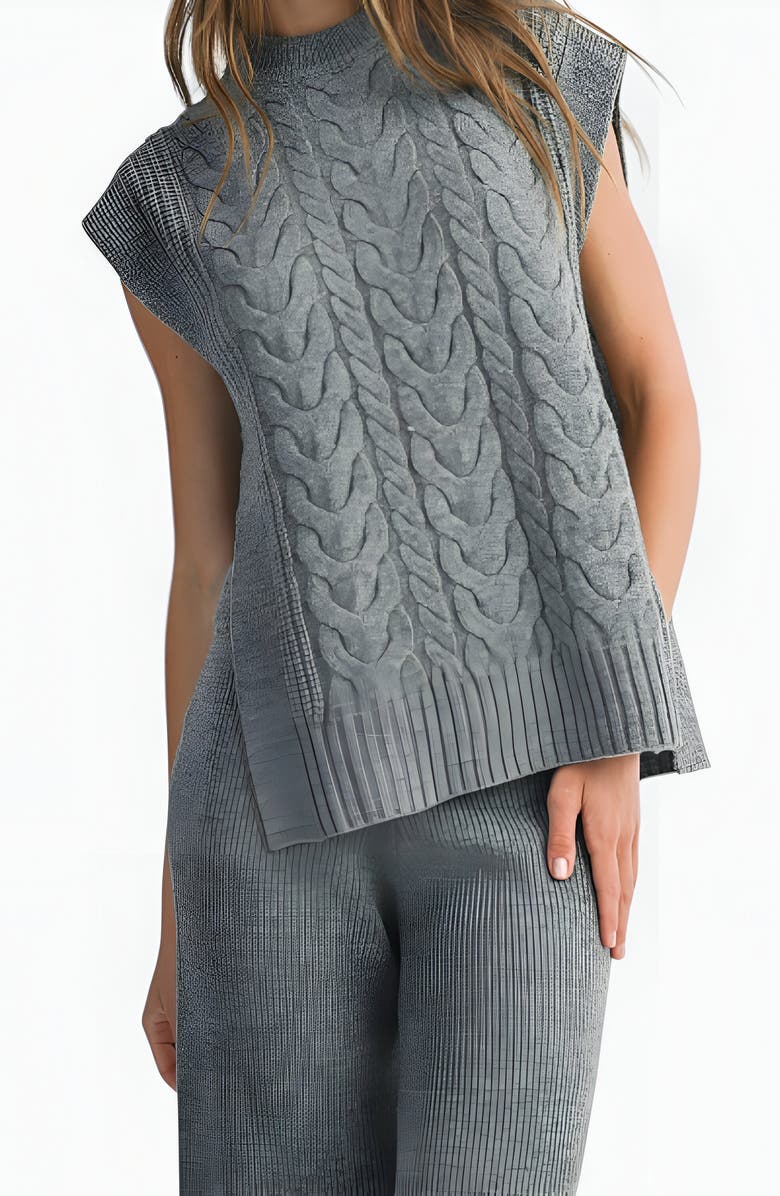 Modenaire Cable Knit Cap Sleeve Sweater Vest and Wide Leg Pants Set, Alternate, color, Grey