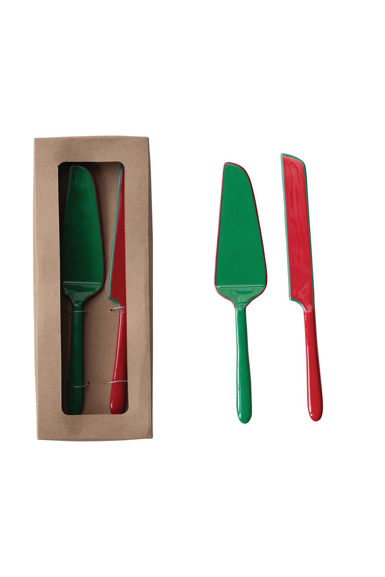 Enameled Stainless Steel Cake Knife & Server Set, Red & Green, Main, color, Red & Green