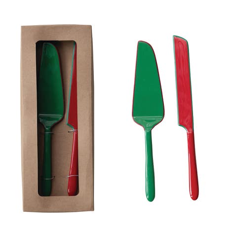 Enameled Stainless Steel Cake Knife & Server Set, Red & Green