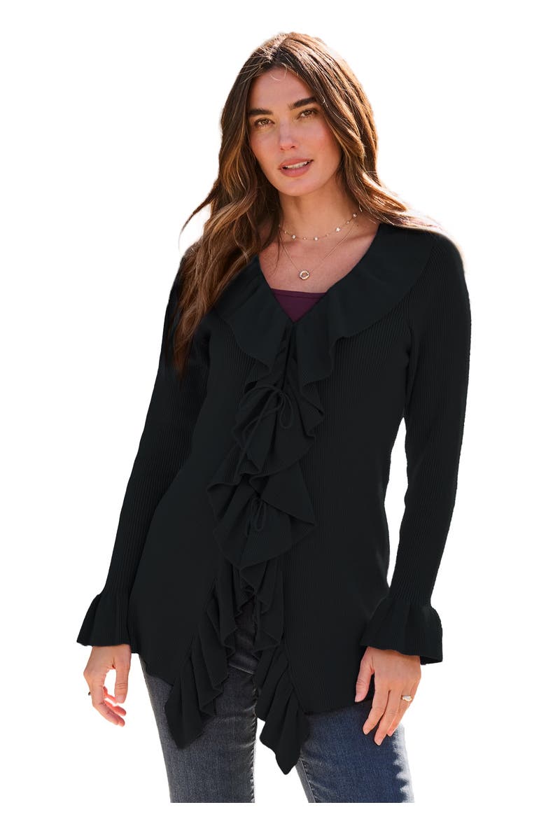 Plus Size V Neck Ruffle Trim Tie Front Cardigan, Main, color, BLACK