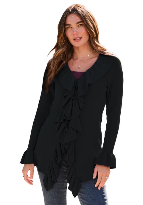 Plus Size V Neck Ruffle Trim Tie Front Cardigan