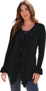 Roaman's Plus Size V Neck Ruffle Trim Tie Front Cardigan