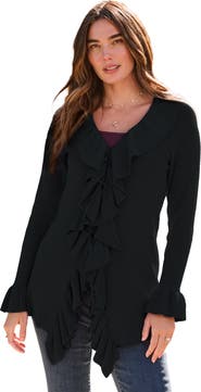 Roaman's Plus Size V Neck Ruffle Trim Tie Front Cardigan