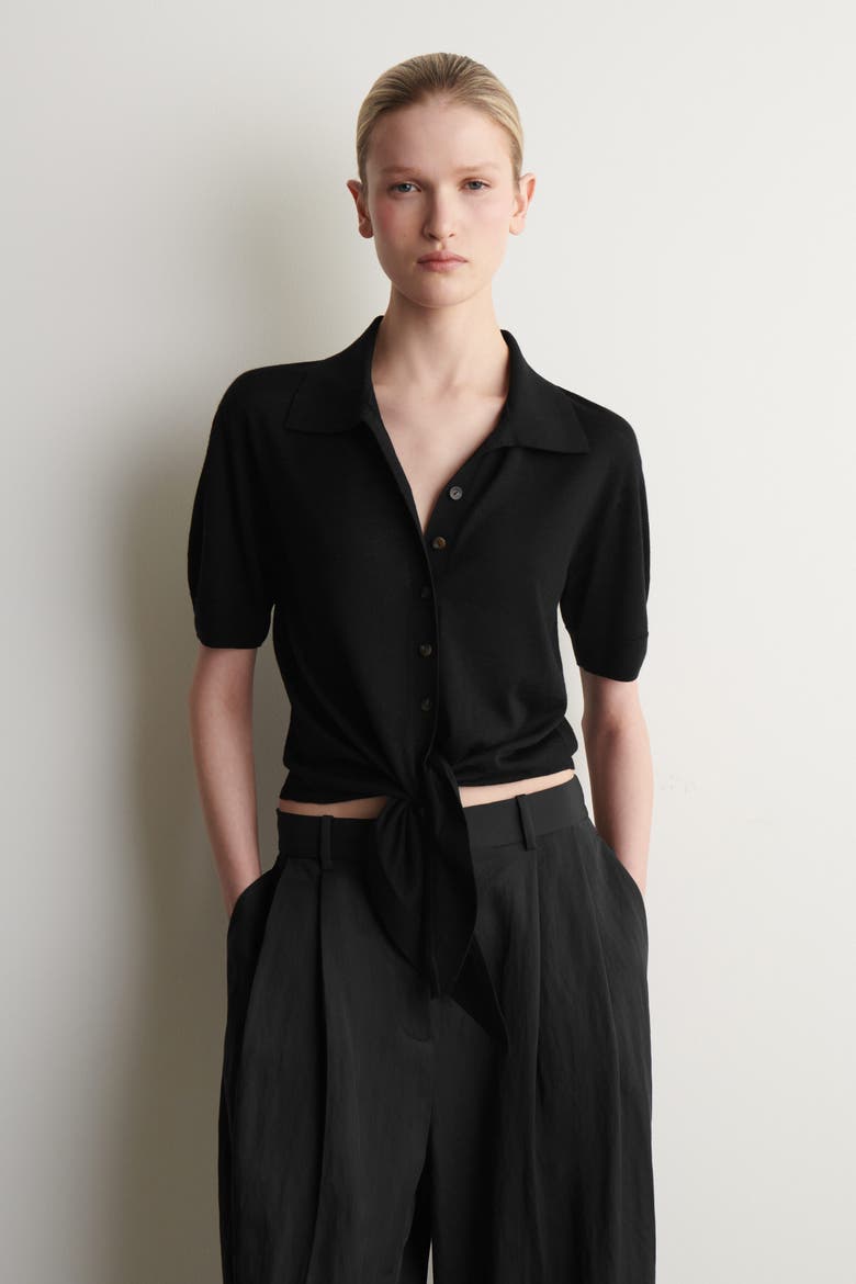 Tie-front Knitted Wool Shirt, Main, color, BLACK