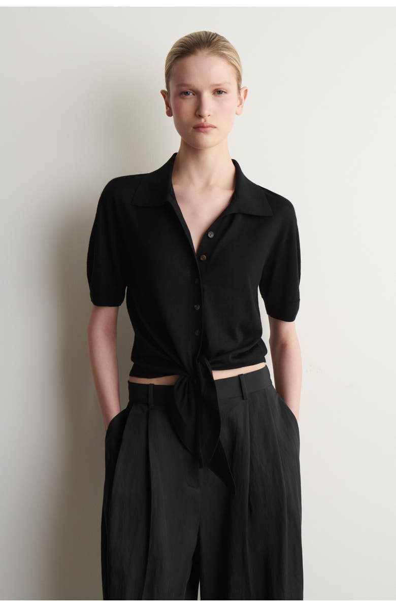 COS Tie-front Knitted Wool Shirt, Main, color, Black