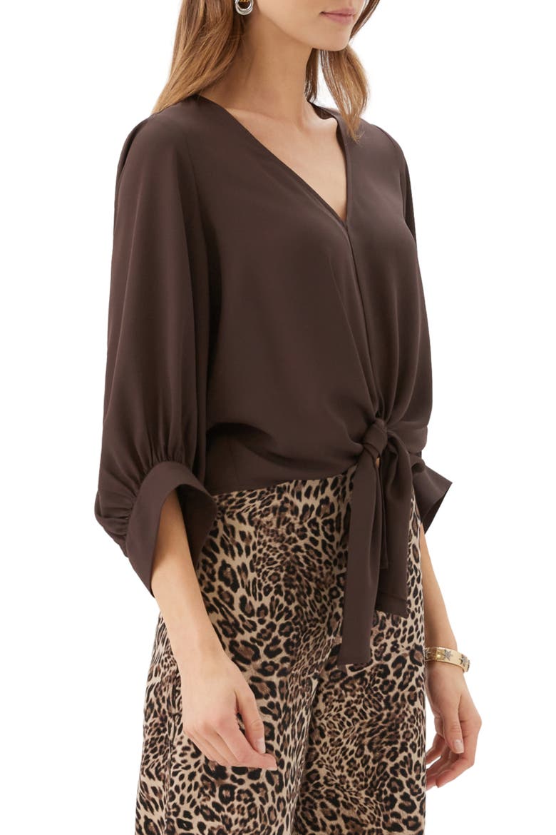 Blouson Sleeve Tie Front Top, Alternate, color, CHOCOLATE