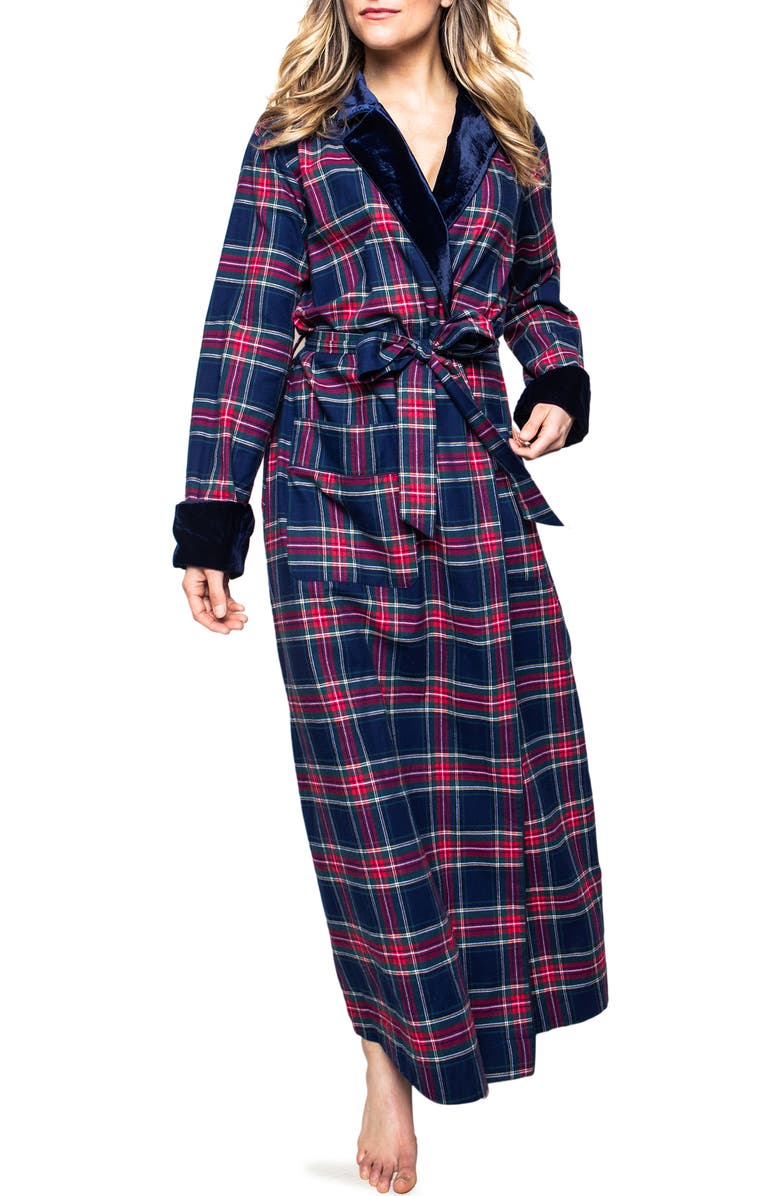 Petite Plume Windsor Tartan Plaid Velvet Trim Robe, Main, color, 