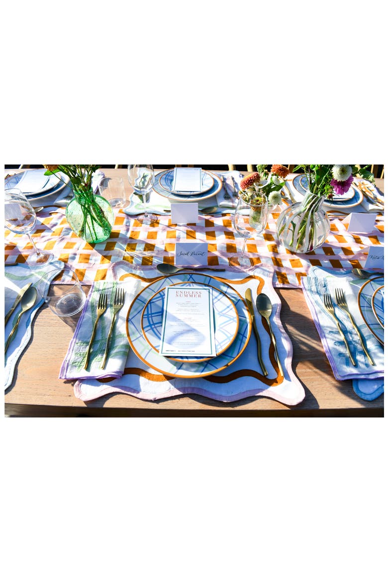 Set of 4 Embroidered Napkins, Alternate, color, GRID GROUP - AMBER/ PURPLE