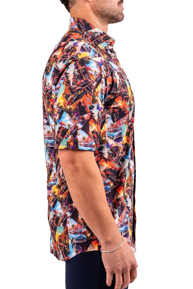 Galileo Resistance0345 Black Vintage Car Print Short Sleeve Cotton Button-Up Shirt, Alternate, color, BLACK