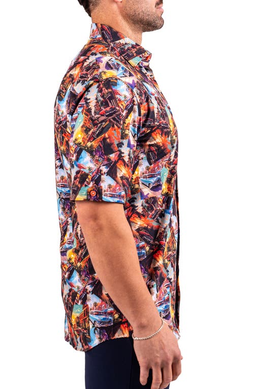 Maceoo Galileo Resistance0345 Black Vintage Car Print Short Sleeve Cotton Button-up Shirt