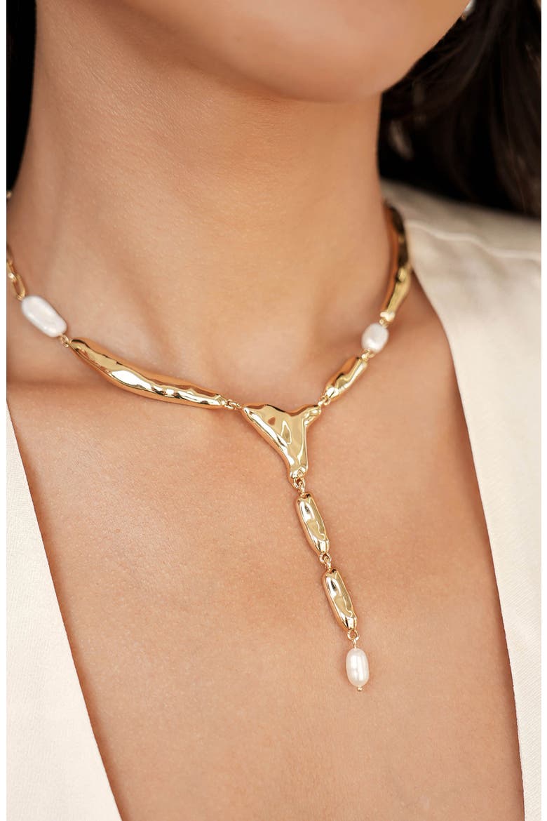 Liquid Metal & Freshwater Pearl Y-Necklace, Alternate, color, GOLD