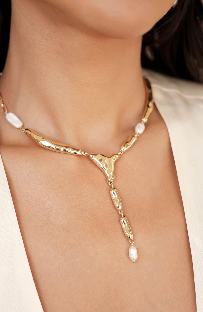 Ettika Liquid Metal & Freshwater Pearl Y-Necklace, Alternate, color, Gold