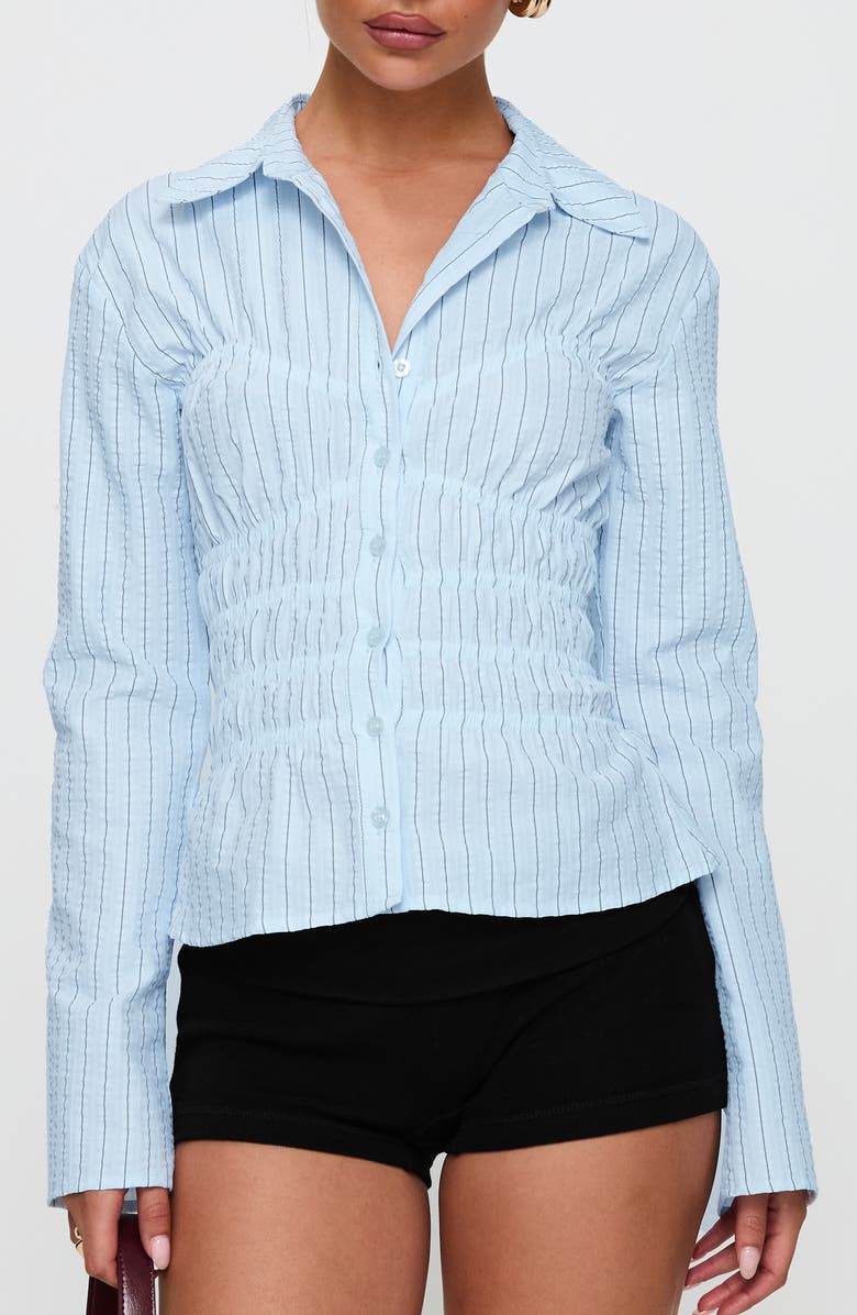 Princess Polly Lisel Stripe Shirred Button-Up Shirt, Main, color, Stripe
