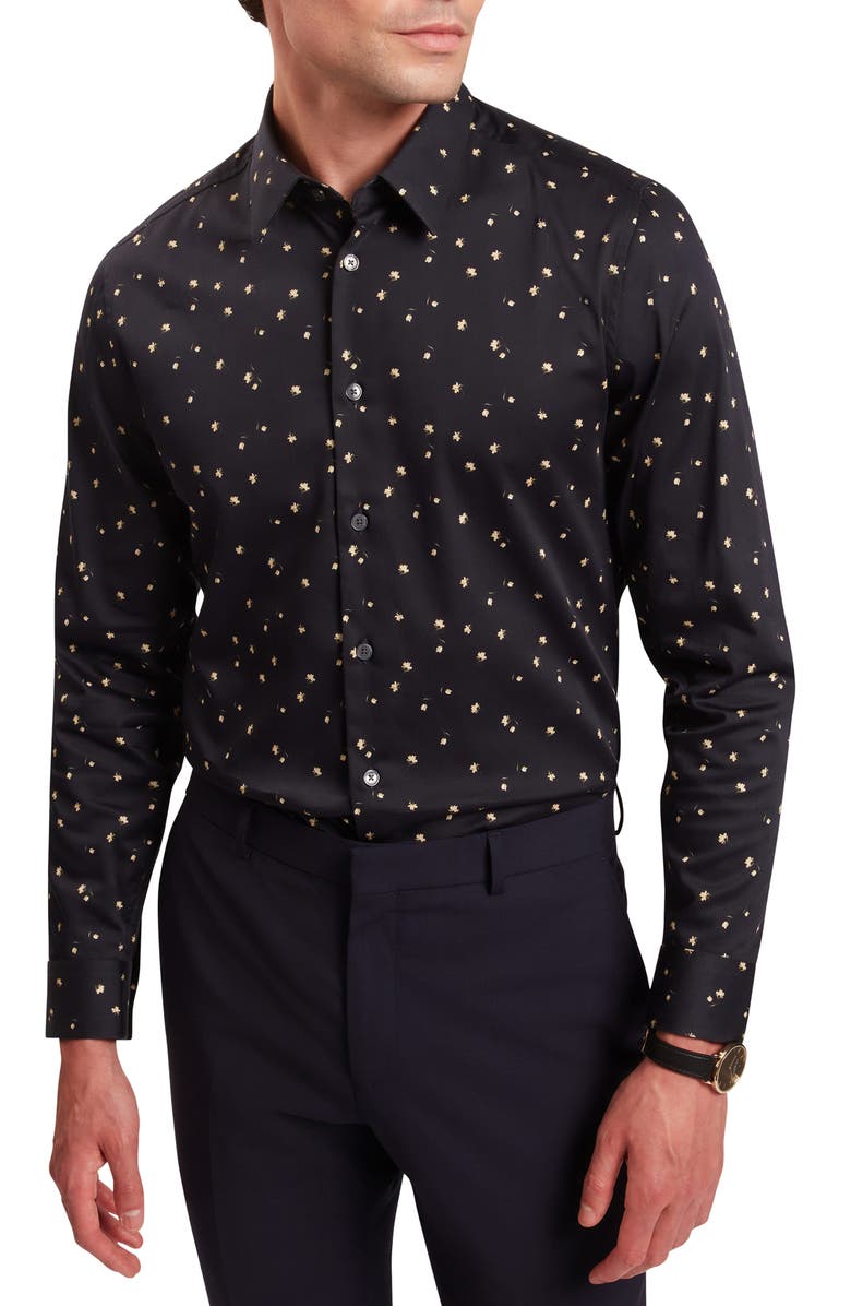 Ted Baker Iskran Floral Print Stretch Cotton Button-Up Shirt, Main, color, Navy