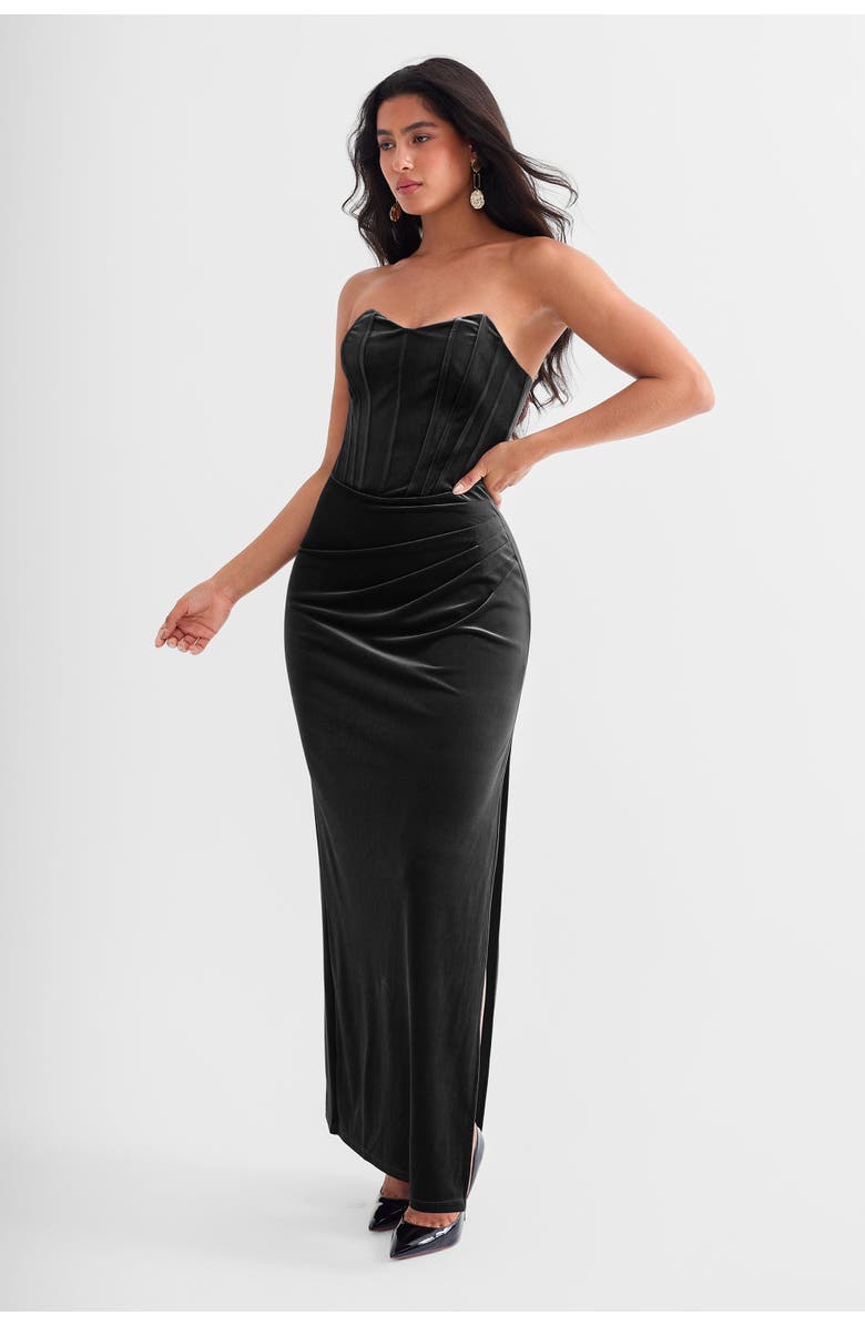 Popilush Strapless Velvet Ruched Sculpting Corset Gown, Alternate, color, Classic Black