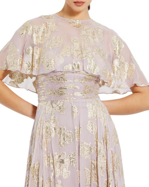 Mac Duggal Floral Print High Neck Cape Sleeve A Line Gown