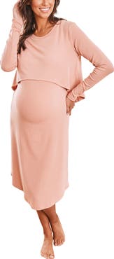 Angel Maternity Leah Long Sleeve Ribbed Maternity/Nursing Dress & Knotted Baby Gown Set