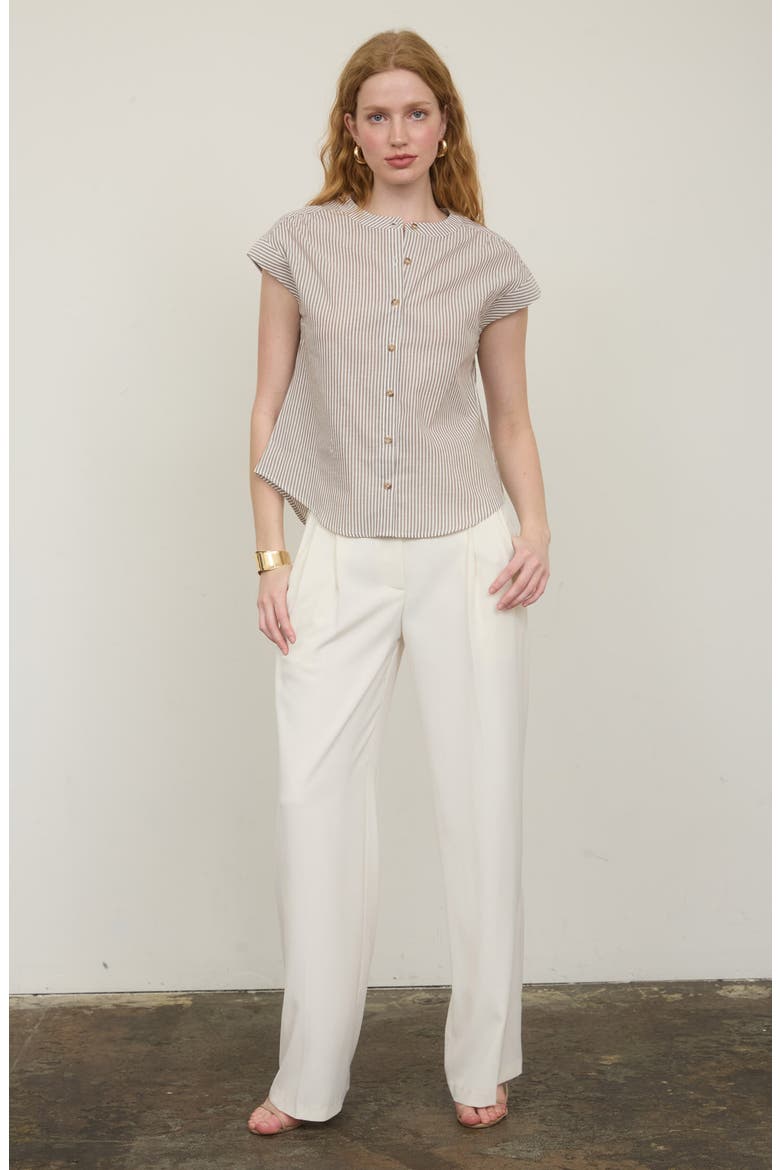 Stripe Cap Sleeve Button-Up Top, Alternate, color, BROWN