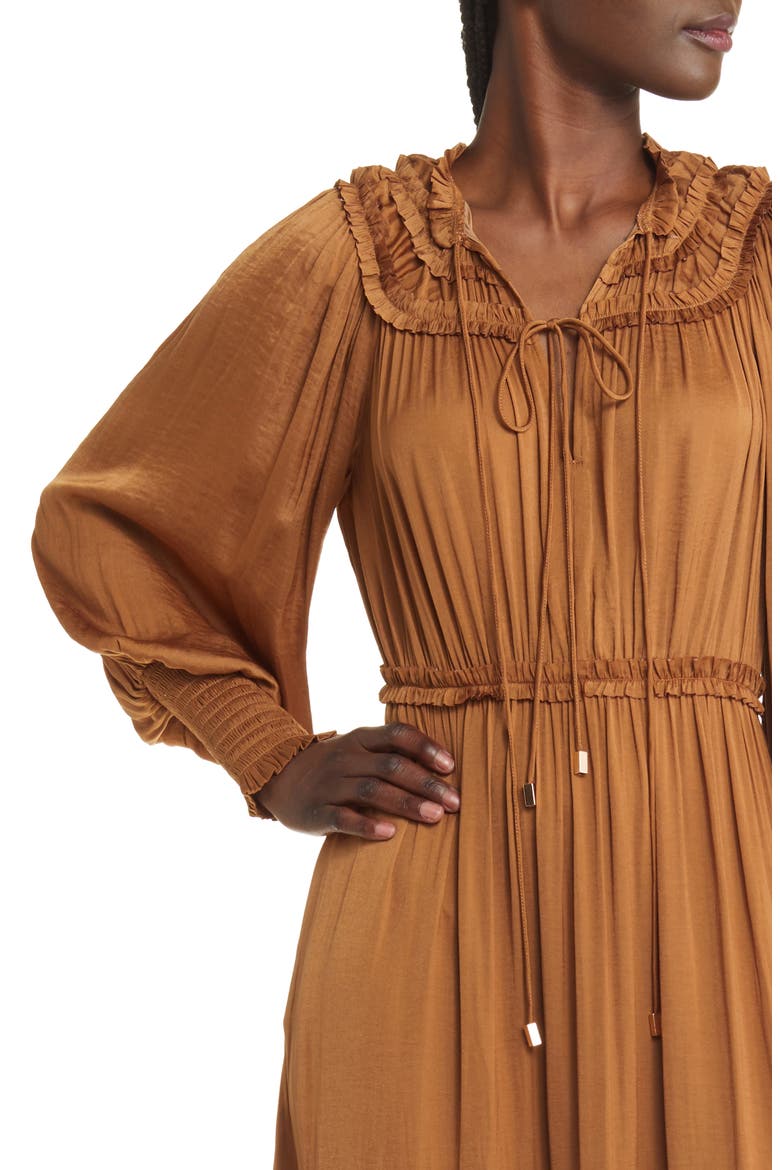 Long Sleeve Crinkle Satin Tiered Maxi Dress, Alternate, color, BROWN